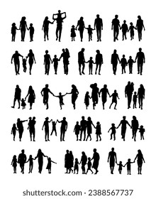 Family with children walking and playing together outdoors with white background vector silhouette set collection.	