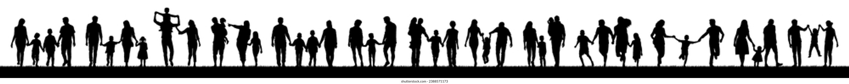 Family with children walking and playing together outdoors vector silhouette set collection.