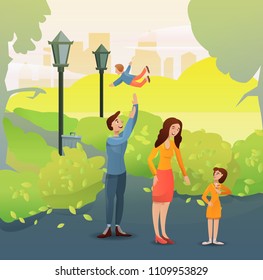 Family with children walks in the park