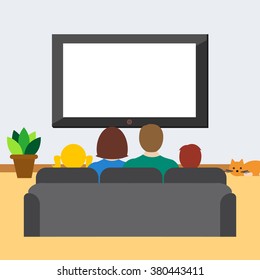 Family with children watches TV, sitting on sofa, rear view, vector illustration. White screen with copy space for your text