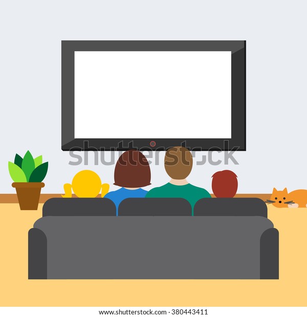 子どもがいる家族は テレビを見て ソファに座り 背面 ベクターイラストを見ます テキスト用のコピースペースを持つ白い画面 のベクター画像素材 ロイヤリティフリー