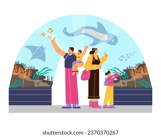 Family with children watching underwater scenery with fishes, sea animals in giant oceanarium. Aquarium excursion, marine flora and fauna vector illustration. Cartoon ocean and sea wildlife