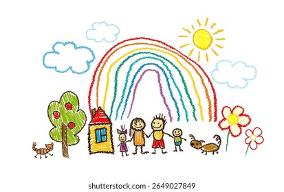 Family children's drawing with colored pencils. hand drawn. Not AI, Vector illustration