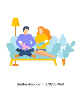Family with a childs on the couch. Man, woman and their children in living room vector illustration. Couple with babys.