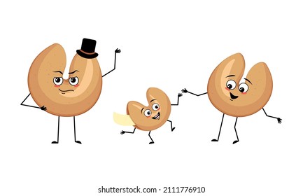 Family of chinese fortune cookies characters with happy emotions, smile face, happy eyes, arms and legs. Mom is happy, dad is wearing hat and child is dancing. Vector flat illustration