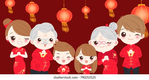 family with chinese new year on the red background