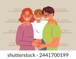 Family chooses new glasses for son, standing in ophthalmological store with happy boy in arms. Positive mom and dad use ophthalmological services to correct poor vision in little child