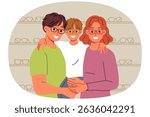 Family chooses new glasses for son, standing in ophthalmological store with happy boy in arms. Positive mom and dad use ophthalmological services to correct poor vision in little child
