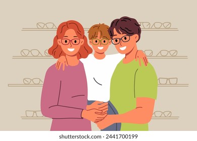 Family chooses new glasses for son, standing in ophthalmological store with happy boy in arms. Positive mom and dad use ophthalmological services to correct poor vision in little child svg