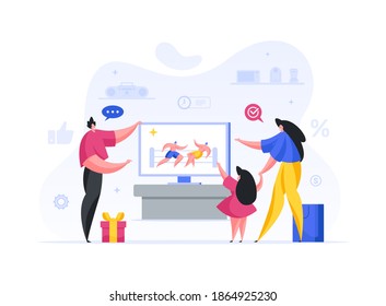 Family chooses smart tv in supermarket cartoon illustration. Man makes gift wife and daughter and buys ultra modern gadget. Woman with child happily approves electronic purchase