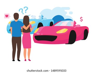 Family choosing automobile flat vector illustration. Couple doing buying decision cartoon character. Indecisive husband and wife selecting sport car, purchasing vehicle, renting car. Auto leasing
