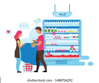 Family choosing milk flat vector illustration. Indecisive couple in supermarket buying dairy products cartoon characters. Farmers market assortment shelf. Wife, husband making product choice in store