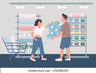 Family choosing new wallpapers flat color vector illustration. Home renovation. Wife and husband 2D cartoon characters with building construction material store interior on background