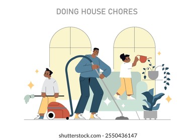 Family Chores concept. A father vacuuming as kids help with housework, portraying teamwork in household tasks. Everyday domestic life scene. Vector illustration.