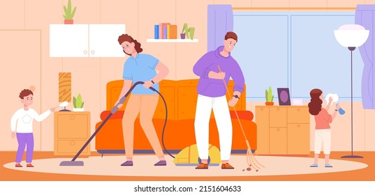 Family chores. Light housework home workers, children helping mother husband cleaning room, people homemaking household daily housekeeping maid sister, splendid vector illustration