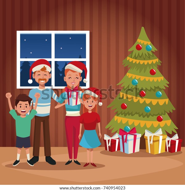 Family Christmas Cartoon Stock Vector (Royalty Free) 740954023