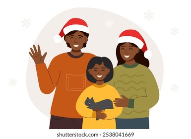 Family Christmas celebration card. Man and woman in Santas hats with child holding a cat. Christmas people.