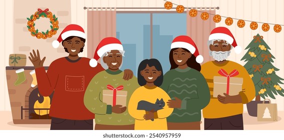 Family Christmas celebration. People with black skin tone celebrating holiday at home. Christmas banner. Family concept.