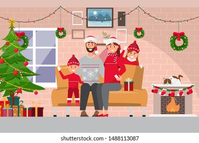 Family christmas celebration at room interior with couple,  
daughter, son, christmas tree, sofa, gifts and decoration. flat style vector illustration.