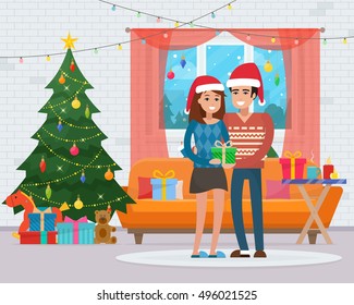 Family christmas celebration. Christmas room interior with love couple. Christmas tree, sofa, gifts and decoration. Cozy home holiday. Flat style vector illustration.