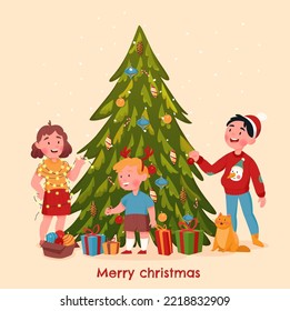 family at Christmas, children decorating the tree at Christmas,