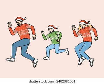 Family in christmas clothes and santa claus hats dances doing same movements or runs for new year holidays. Cheerful christmas parents and teenage boy rush to festive december events