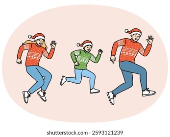 Family in christmas clothes and santa claus hats dances doing same movements or runs for new year holidays. Cheerful christmas parents and teenage boy rush to festive december events