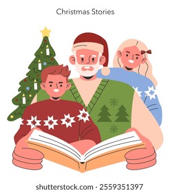 Family Christmas concept. Cozy holiday scene with father reading a book to children by the Christmas tree. Warm festive family moments. Vector illustration.