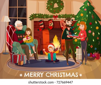 Family christmas congratulation, grandfather with granddaughter in chair, parents with gifts, year tree near fireplace vector illustration