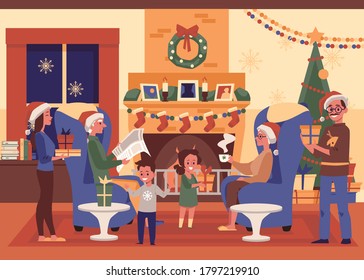 Family Christmas in cozy living room interior - cartoon people celebrating holiday together at home with gifts and Santa hats by decorated fireplace, vector illustration.