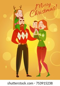Family Christmas. Dad, mom, son and daughter. Merry Christmas and a happy New Year postcard. Cute cartoon style. Vector illustration.