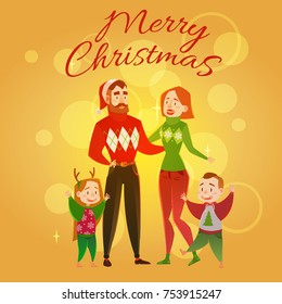 Family Christmas. Dad, mom, son and daughter. Merry Christmas and a happy New Year postcard. Cute cartoon style. Vector illustration.