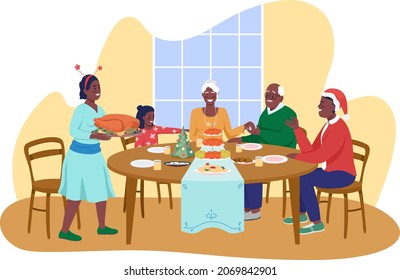 Family Christmas dinner 2D vector isolated illustration. Winter time celebration. Parents with children at table flat characters on cartoon background. Festivities on holidays colourful scene