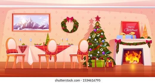 Family Christmas Dinner, Empty Interior Cartoon Vector Illustration. Living Room With Served Festive Table, Decorated Fir Tree And Fireplace With Garland, Gift Box And Burning Fire. Holiday Background