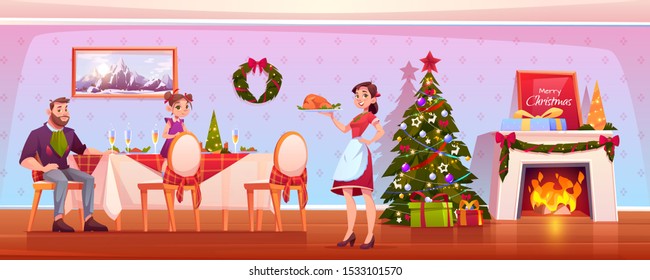 Family Christmas dinner, happy people celebrating holiday, father and daughter sitting at table mother carry tray with turkey in room with decorated fir tree and fireplace. Cartoon vector illustration