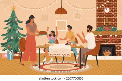 Family Christmas dinner at home, vector illustration. People sitting at festive served decorated table. Merry christmas and new year holiday celebration party