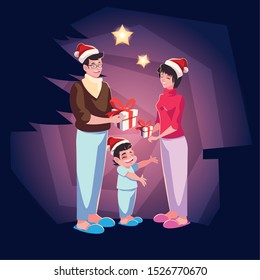 family christmas evening scene, parents and children vector illustration design