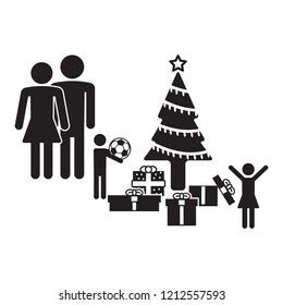 Family with christmas gifts under tree icon. Vector.