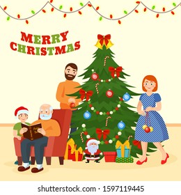 Family Christmas holiday celebration at home near decorated Christmas tree vector illustration. Happy people couple, child and grandfather reading grandson book of fairy tales.