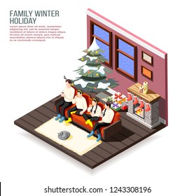 Family christmas holiday isometric composition with parents and kids on sofa in decorated home interior vector illustration