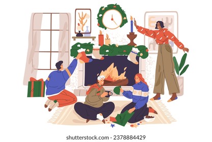 Family at christmas holiday near fireplace and wreath. Vector illustration of merry xmas celebration. Image of new year festive with gifts and fir tree, presents. Indoor scene with winter decoration.