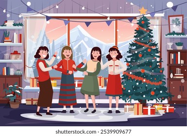 Family Christmas at home, vector illustration. People at festive served decorated interior. Merry christmas and new year holiday celebration party