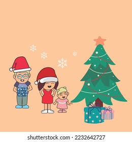 Family in Christmas Illustration with Presents