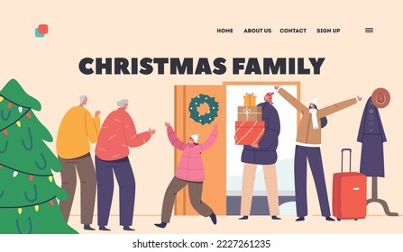 Family Christmas Landing Page Template. Happy Grandchildren Visiting Grandparents Concept. Father, Mother and Kids Coming to Grandmother and Grandfather Home. Cartoon People Vector Illustration