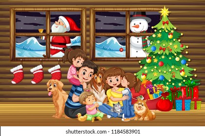 Family Christmas in living room with tree illustration