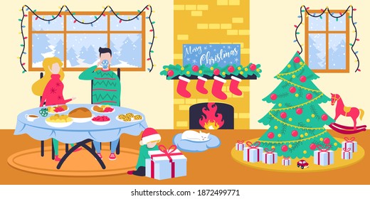 Family christmas scene at home with christmas dinner, christmas tree and decorations illustration vector
