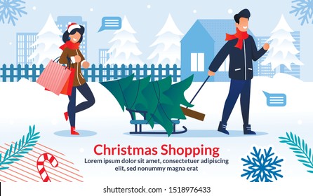 Family Christmas Shopping Advertising Flat Poster. Cartoon People, Married Couple Dressed in Winter Clothes Carrying Xmas Fir Tree and Packs with Gifts. Snowy Street. Vector Illustration