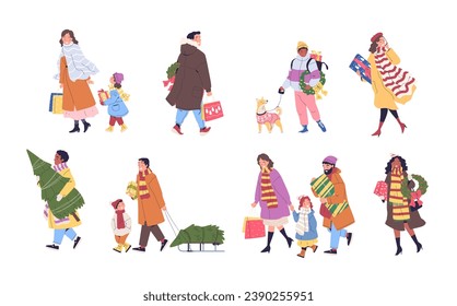 Family christmas shopping. Happy people carrying buy gifts, xmas fair or shop sale, couple and child together with present box for noel winter holiday, vector illustration of holiday winter cartoon