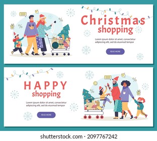 Family Christmas shopping horizontal flyers set with cartoon characters, flat cartoon vector illustration. Flyer or leaflet template with people doing holiday shopping.