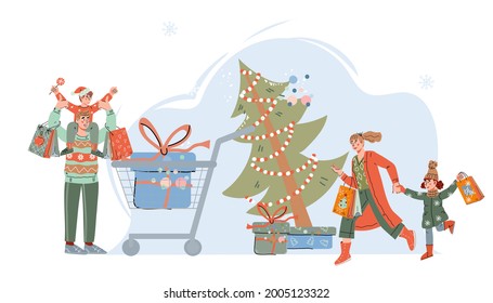 Family Christmas shopping and New Year winter holiday chores. Parents and children going on Christmas shopping, cartoon vector illustration isolated on white background.